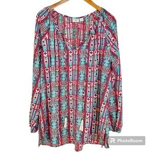2/$25 CATO Red Bohemian Boho Tribal Western Lightweight Business Casual Blouse